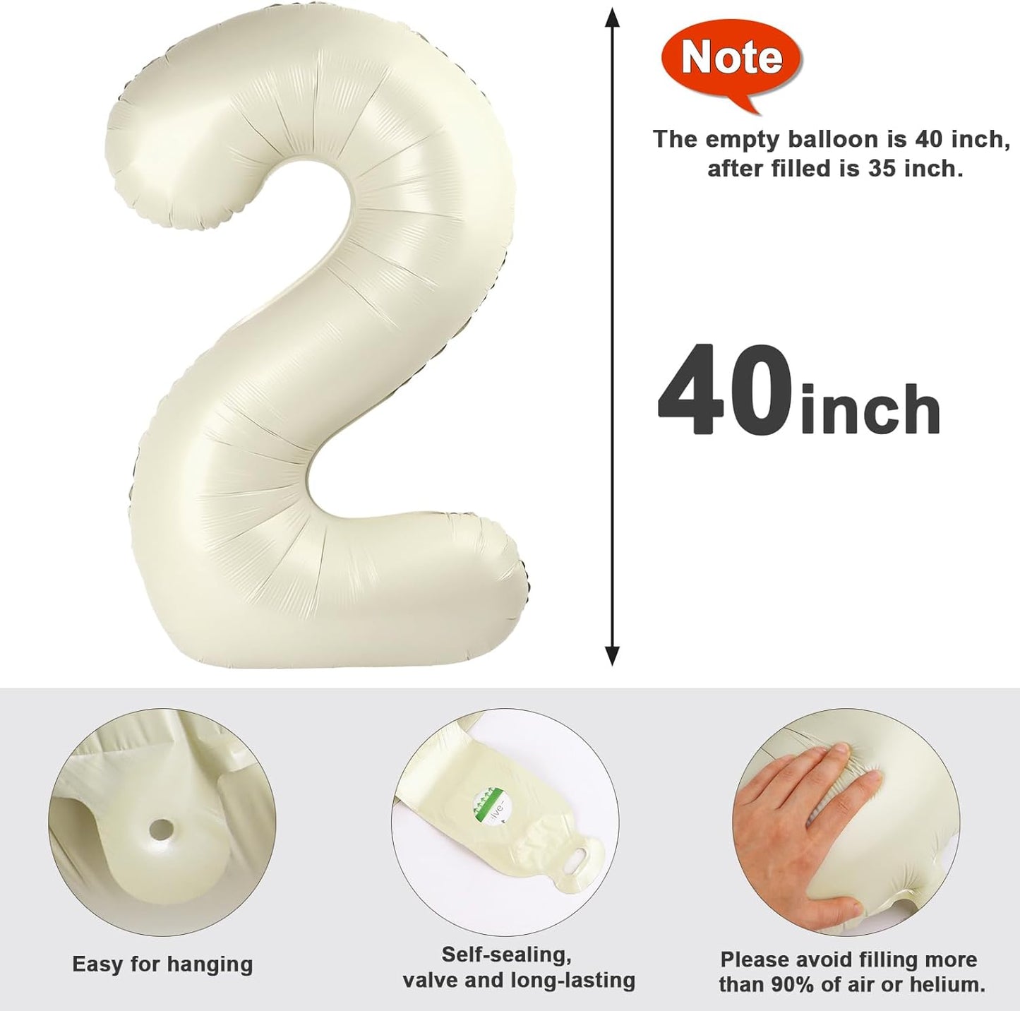 Skiennix 40-Inch Cream White Number Balloons - Perfect for 2nd, 12th, 21st Birthday & Celebration Decor