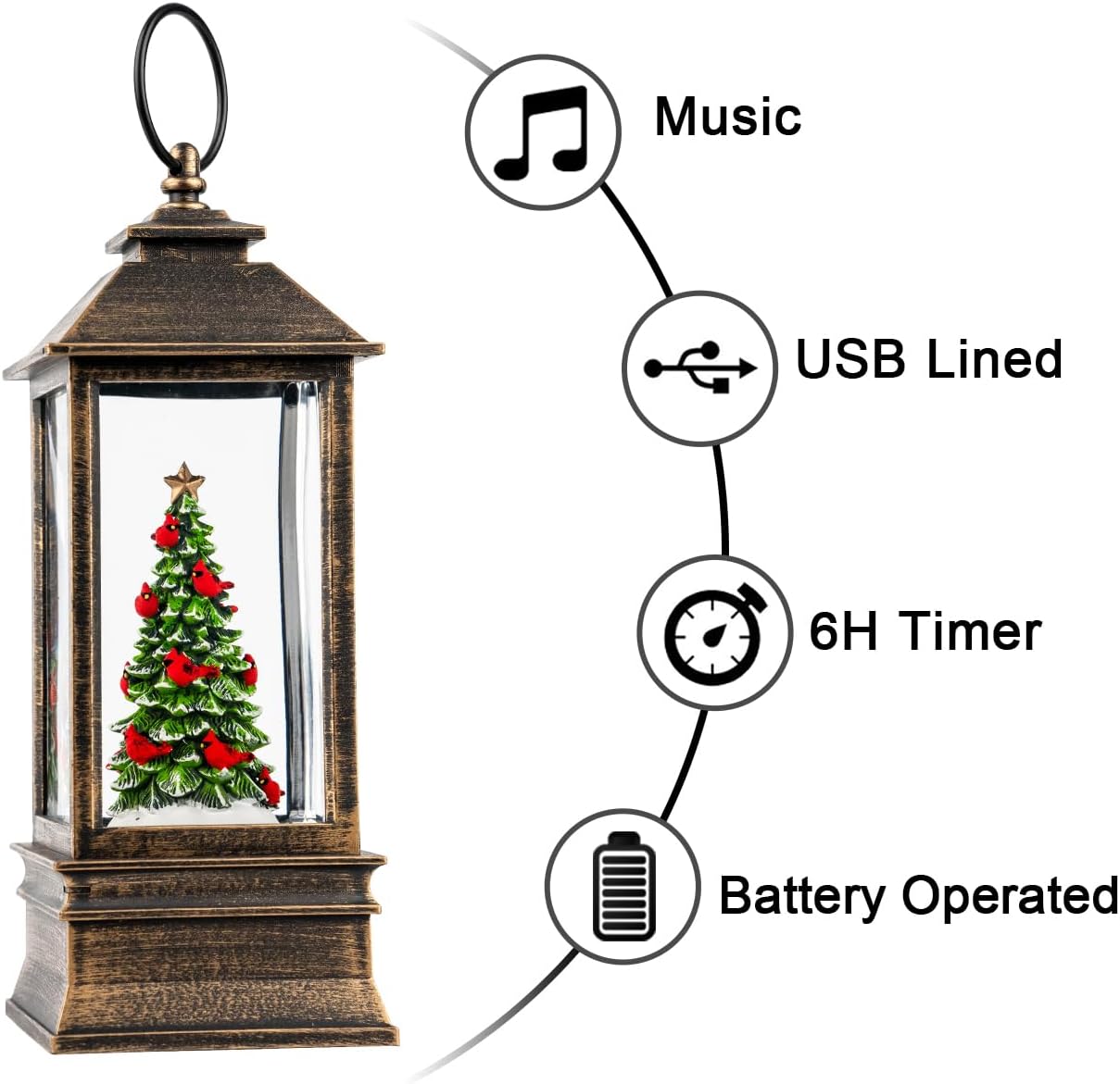 VISFLAIR 10'' Lighted Christmas Tree | Cardinal Music Snow Globe Water Lantern with Glitter