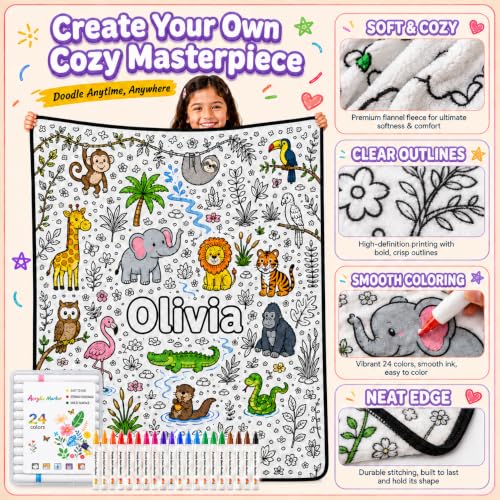 Personalized Jungle Animals Coloring Blanket with 24 Markers - Style 7, Fleece