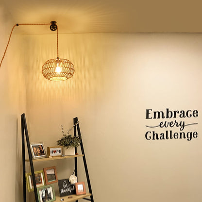 Rattan Plug in Pendant Light with LED Bulb&Pulley, Boho Hanging Lights with Plug in Cord 15ft, Wicker Woven Chandelier Light Fixtures with Dimmer Switch for Bedroom Living Dinning Room Kitchen