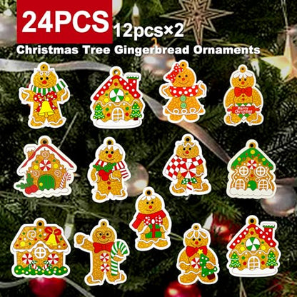 Christmas Wooden Gingerbread Man Ornaments Set - Double-Sided 24 pcs - Holiday Tree Decorations