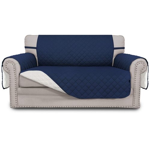 Easy-Going Reversible Loveseat Couch Cover for 2 Cushion Couch Sofa Cover for Dogs Water Resistant Furniture Protector with Foam Sticks Elastic Straps for Pet (Loveseat, Navy/Ivory)