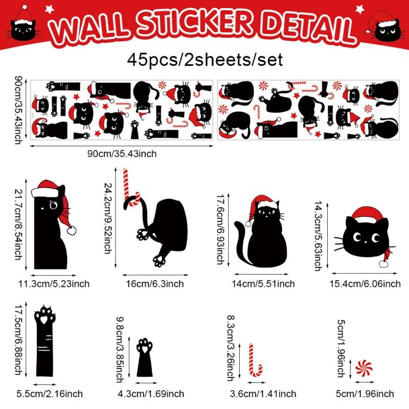 Christmas Black Cat Wall Decals - Candy Cane & Santa Hat Stickers for Holiday Decor