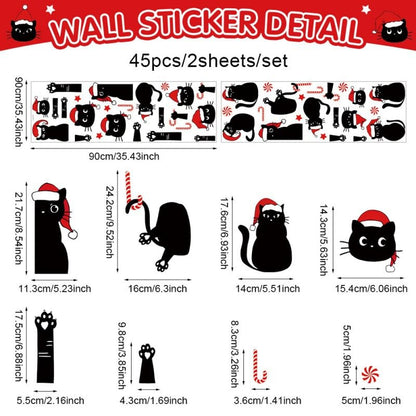 Christmas Black Cat Wall Decals - Candy Cane & Santa Hat Stickers for Holiday Decor