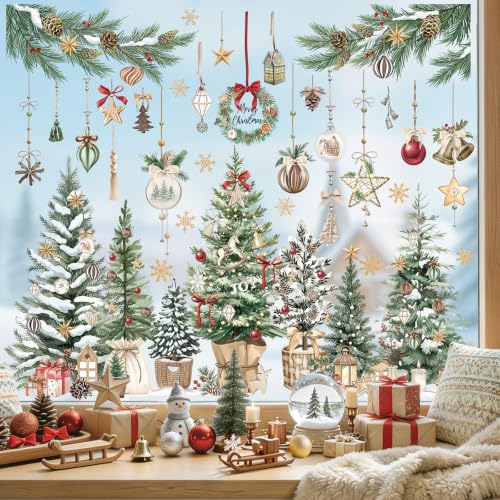 Christmas Window Clings Decals - Static Cling Xmas Trees & Balls, Boho Style