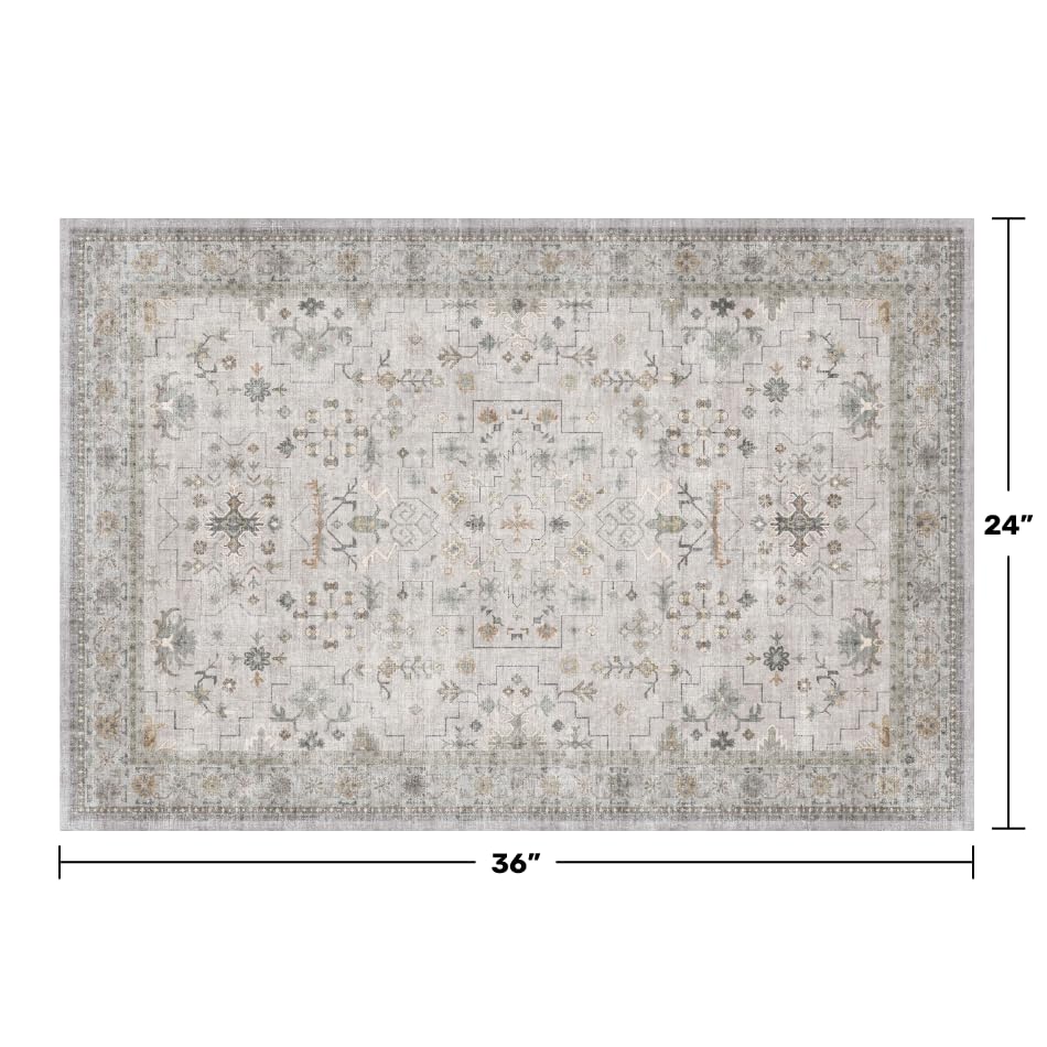 Washable 2x3 Throw Rugs for Entryway, Front Door Mat, Low Pile Non-Slip Small Area Rugs for Kitchen, Bathroom, Powder Room, Mudroom, Neutral Light Grey with Floral Accent
