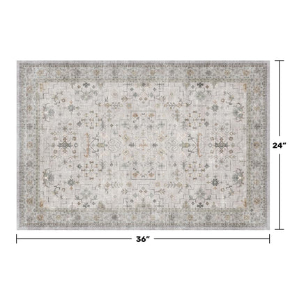Washable 2x3 Throw Rugs for Entryway, Front Door Mat, Low Pile Non-Slip Small Area Rugs for Kitchen, Bathroom, Powder Room, Mudroom, Neutral Light Grey with Floral Accent
