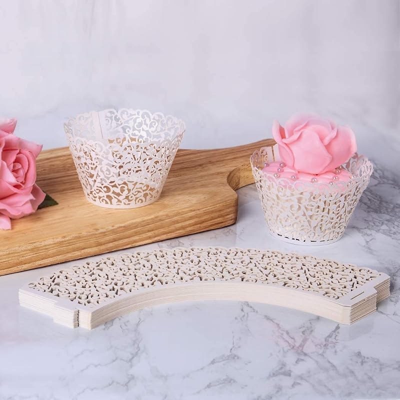 Lace Cupcake Wrappers 50pcs - Pink Hollow Out Paper Cupcake Liners for Weddings & Birthday