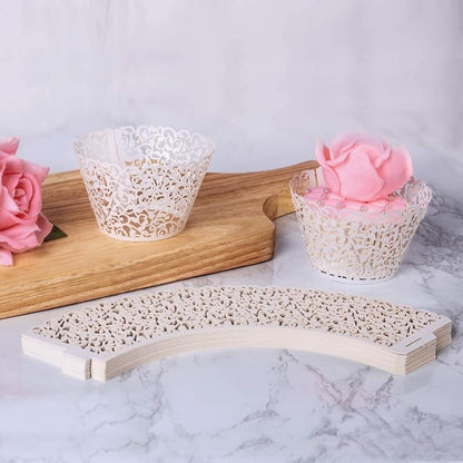 Lace Cupcake Wrappers 50pcs - Pink Hollow Out Paper Cupcake Liners for Weddings & Birthday