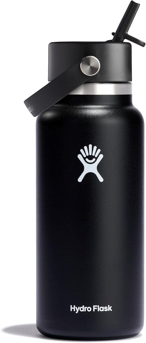 Hydro Flask Water Bottle - Insulated Stainless Steel - Leakproof Wide Straw Lid | 32 Oz Black