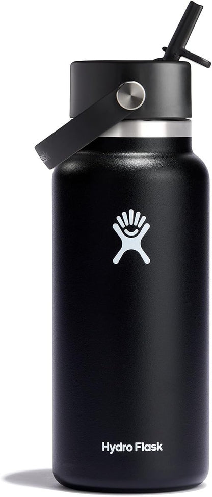 Hydro Flask Water Bottle - Insulated Stainless Steel - Leakproof Wide Straw Lid | 32 Oz Black