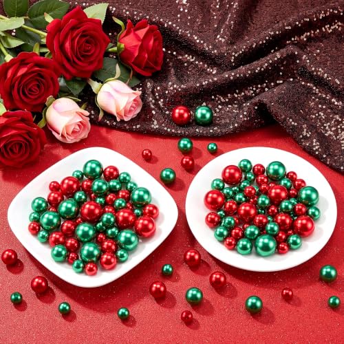 300 Pcs Faux Pearl Vase Filler No Hole Beads - Green and Red, Mixed Sizes