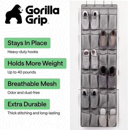 GORILLA GRIP Over The Door Shoe Organizer - 2 Pack With 24 Breathable Mesh Pockets | Space-Saving Grey Storage Solution