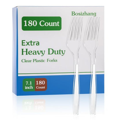 Bosizhang 180 Count Extra Heavy Duty Clear Plastic Forks, 7.1" Solid and Durable Disposable Plastic Forks Bulk, BPA-Free & Heat Resistant, Plastic Utensils for Parties, Events and Daily Use