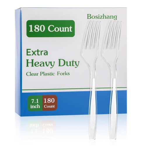 Bosizhang 180 Count Extra Heavy Duty Clear Plastic Forks, 7.1" Solid and Durable Disposable Plastic Forks Bulk, BPA-Free & Heat Resistant, Plastic Utensils for Parties, Events and Daily Use