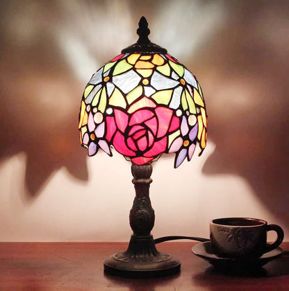 Vesbiela Stained Glass Lamp 8'', Red Flower Tiffany Table Lamp for Bedroom Study Office Home Tiffany Style Table Lamp