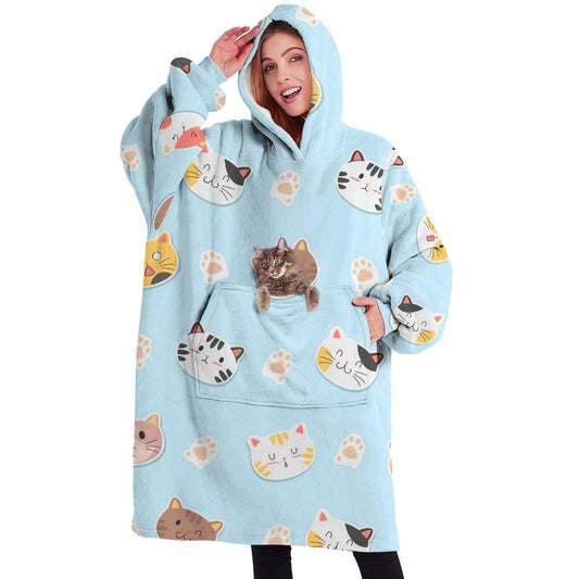 Touchbetter Bule Cute Cat Wearable Oversized Blanket, Sherpa Blanket Hooded with Super Pockets, Super Warm Fuzzy Pullover for Adults