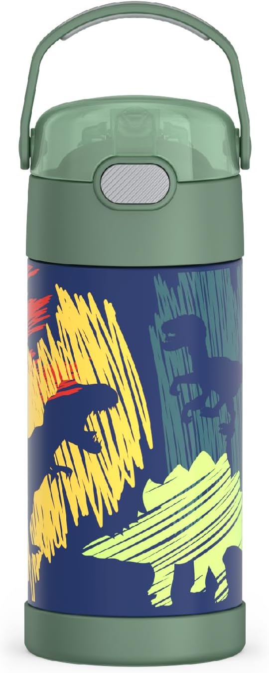 THERMOS FUNTAINER Water Bottle - 12 Ounce Kids Stainless Steel Vacuum Insulated with Straw | Dinosaurs Design