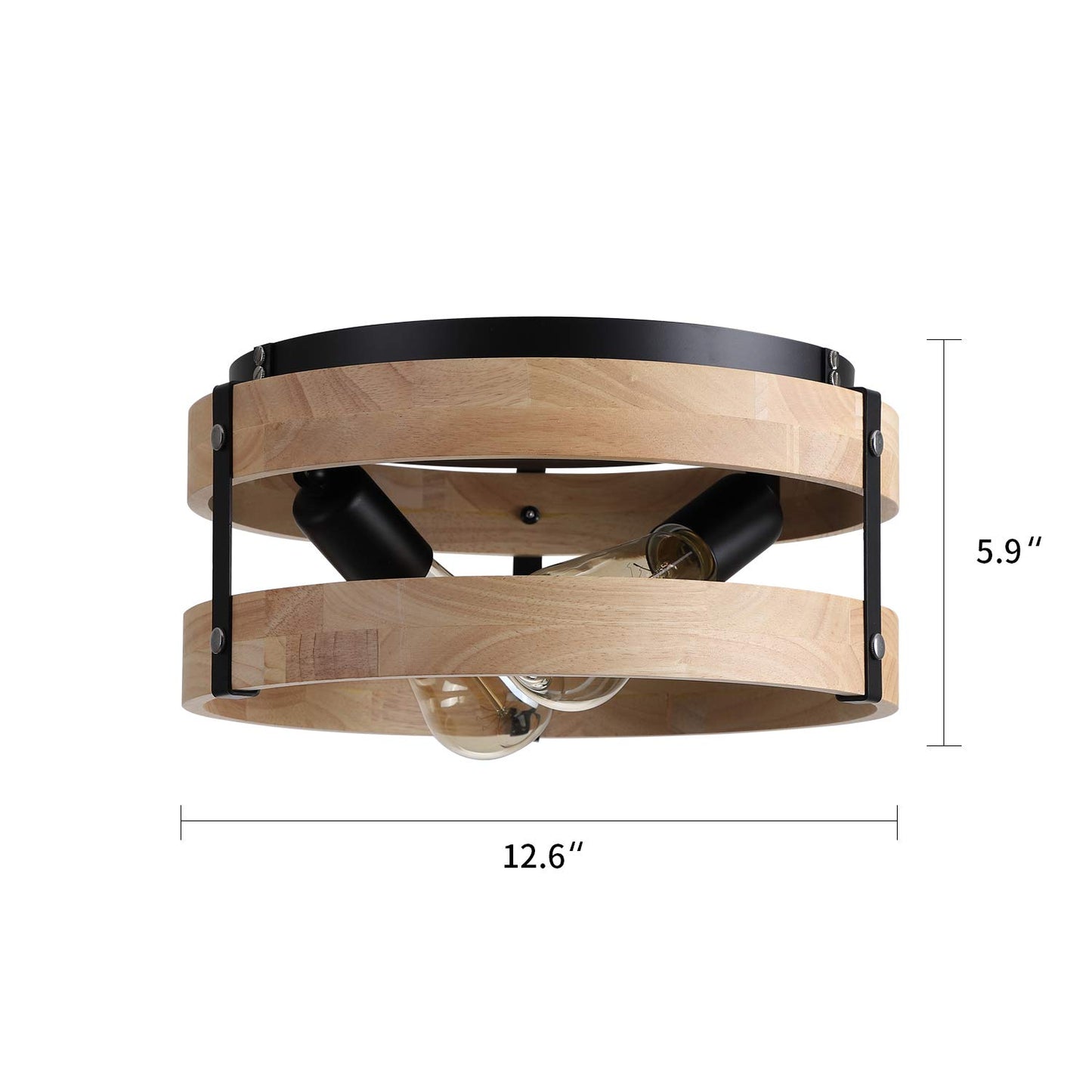 Modern Farmhouse Flush Mount Light Fixture Two-Light Metal and Wood Round Drum Rustic Flush Mount Ceiling Light for Hallway Bedroom Kitchen Entryway, Light Yellow Wood and Black