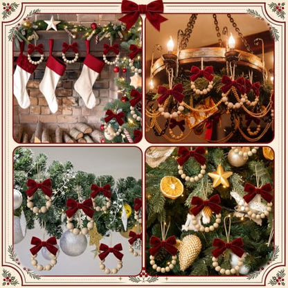 12 Pcs Rustic Wood Bead Wreath Christmas Ornaments with Velvet Bow