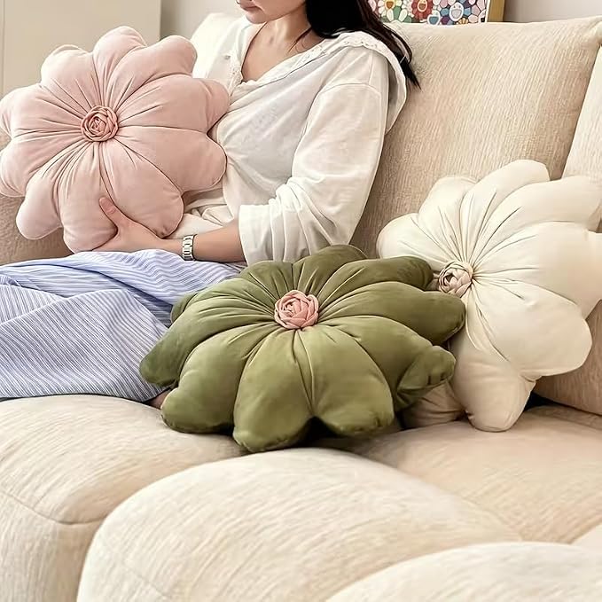Beige Floral Dutch Velvet Pillow Cushion for Sofa and Bed - Soft Lumbar Support