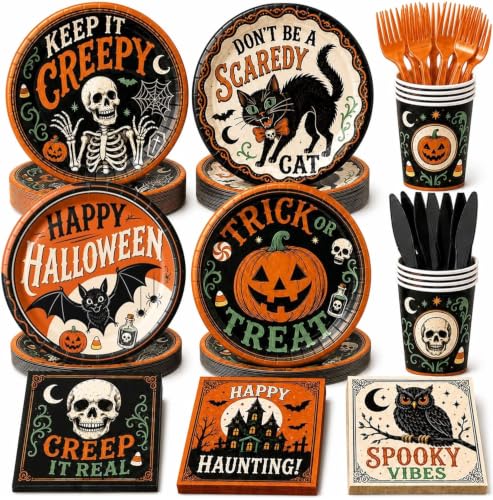 Halloween Party Supplies Set with Plates Cups Napkins Cutlery for Spooky Celebration