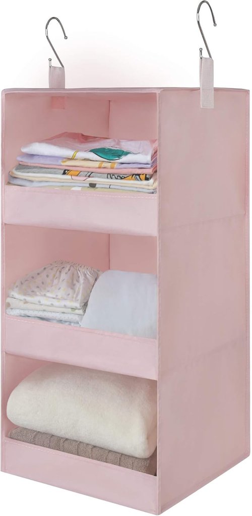 Granny Says 3-Shelf Hanging Closet Organizer - Collapsible Nursery Shelves, Pink, 29.5" H X 12" W X 12" D