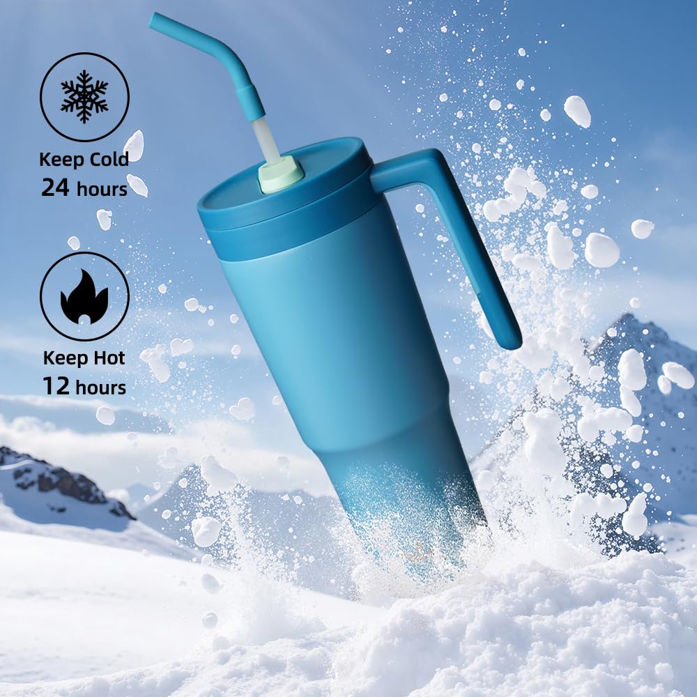 Skiennix Insulated Tumbler - 40 OZ Vacuum Stainless Steel Travel Mug with Handle & Straw - Dark Blue