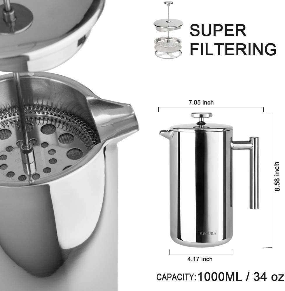 Secura French Press Coffee Maker - 304 Grade Stainless Steel Insulated Design | 34oz (1 Litre), Silver