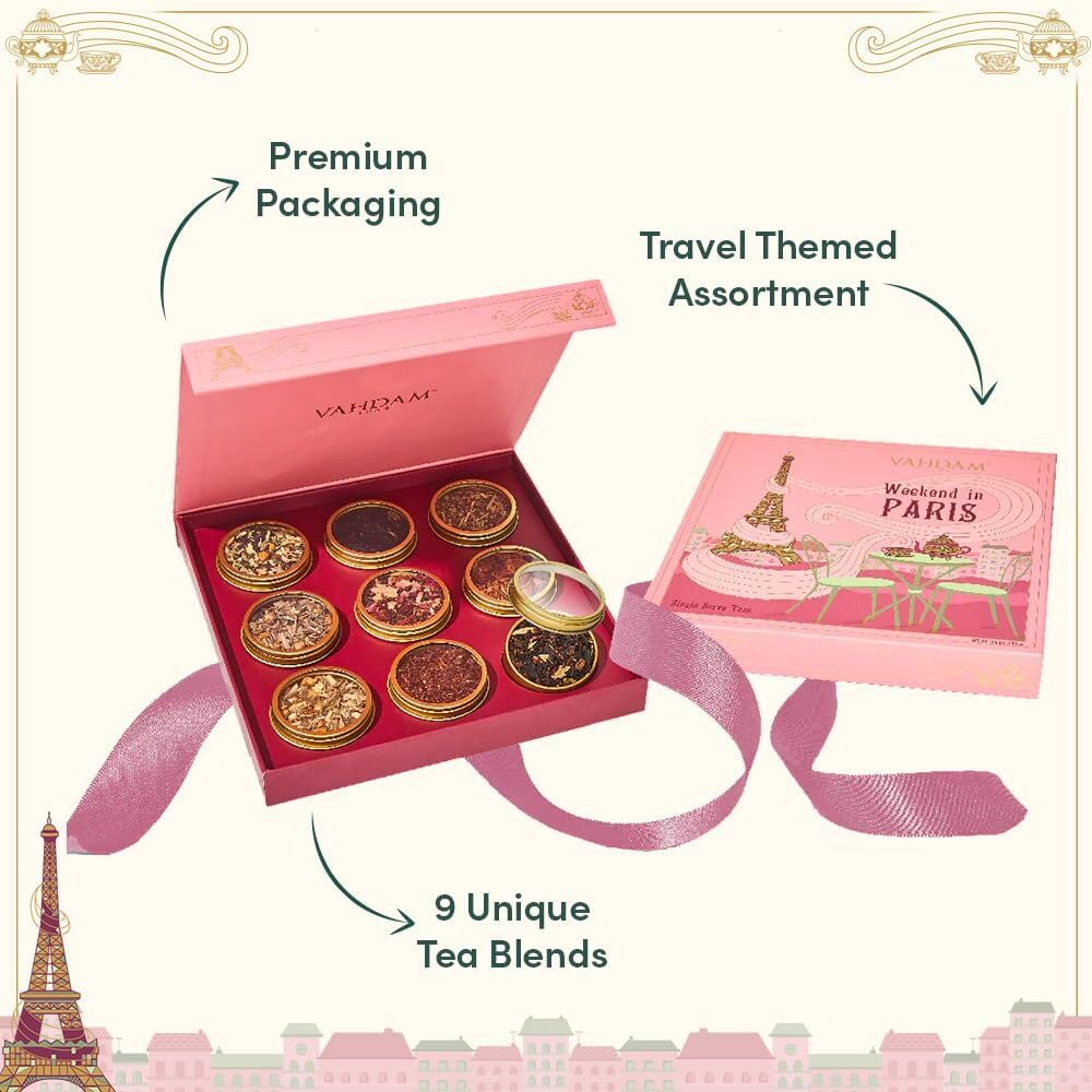 VAHDAM Weekend in Paris Tea Gift Set - 9 Assorted Luxury Teas | Travel Edition | Gluten-Free, Non-GMO