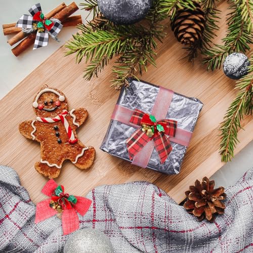 24 Pack Christmas Tree Bows with Jingle Bells Linen Buffalo Plaid Holiday Decor