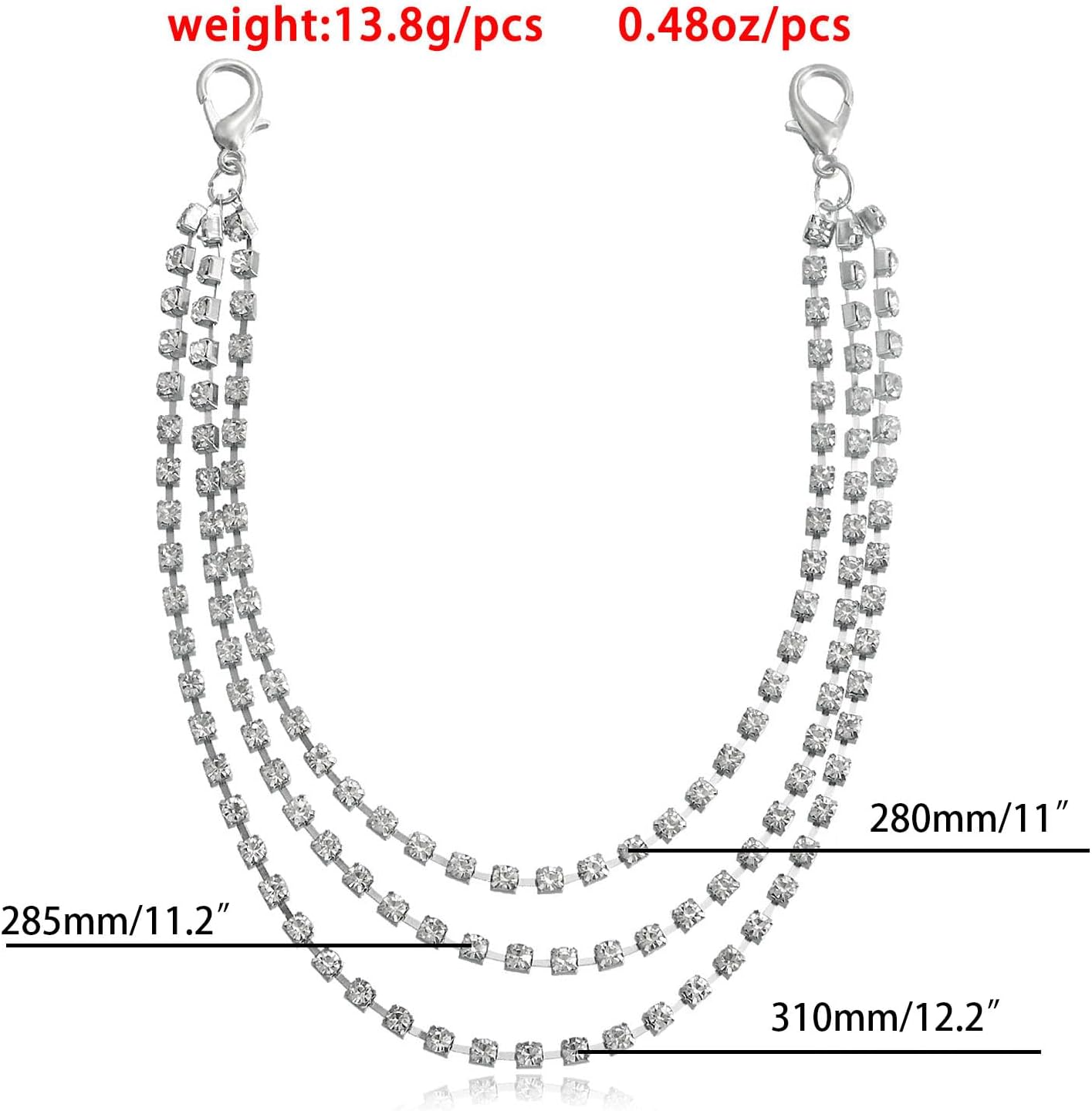 Skiennix Layered Glitter Rhinestone Shoelace Charms - Triple Layer Tassel Crystal Boot Chain | Silver