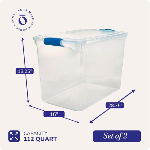 HOMZ Clear Plastic Storage Organizer Bins - 112 Quart Stackable Latching Lid Containers | 2-Pack, Blue Latch