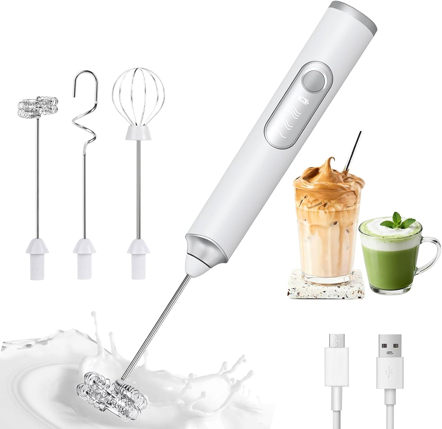 Skiennix Handheld Milk Frother - 3-Speed USB-C Rechargeable Wand with 3 Detachable Whisks | Perfect for Coffee, Latte, Cappuccino, Matcha & More (White)