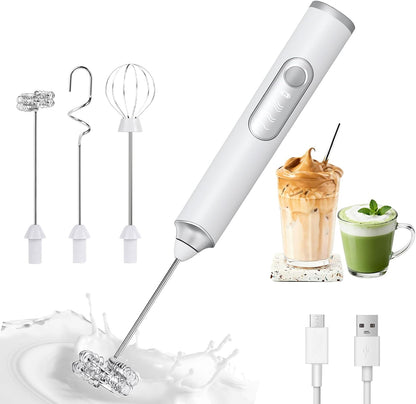 Skiennix Handheld Milk Frother - 3-Speed USB-C Rechargeable Wand with 3 Detachable Whisks | Perfect for Coffee, Latte, Cappuccino, Matcha & More (White)