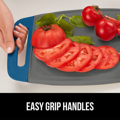 The Original Gorilla Grip Oversized 100% BPA Free Reversible Durable Kitchen Cutting Board Set of 3, Juice Grooves, Dishwasher Safe, Easy Grip Handle Border, Food Chopping Boards, Cooking, Blue Gray