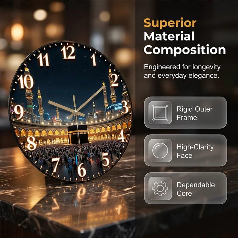 Silent 12-Inch Wooden Wall Clock with Kaaba Night Scene – 1pc Variation