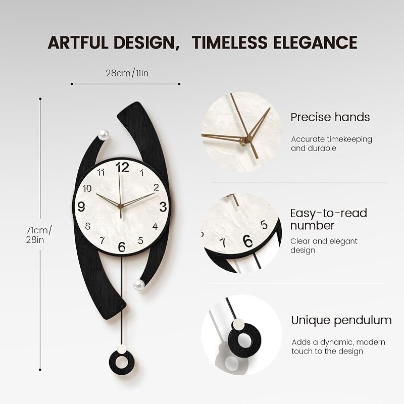 Large Black Swinging Pendulum Wall Clock 11x28in – Quiet Sweep, Wall Decor (Variation: Black+11x28in)