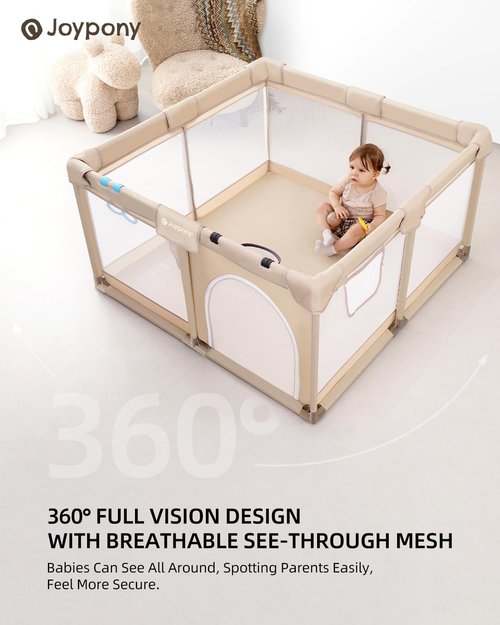Joypony Baby Playpen - 50x50 Inch Indoor Play Yard with Gate & Soft Breathable Mesh (Beige)