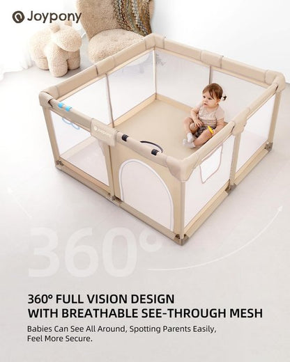 Joypony Baby Playpen - 50x50 Inch Indoor Play Yard with Gate & Soft Breathable Mesh (Beige)
