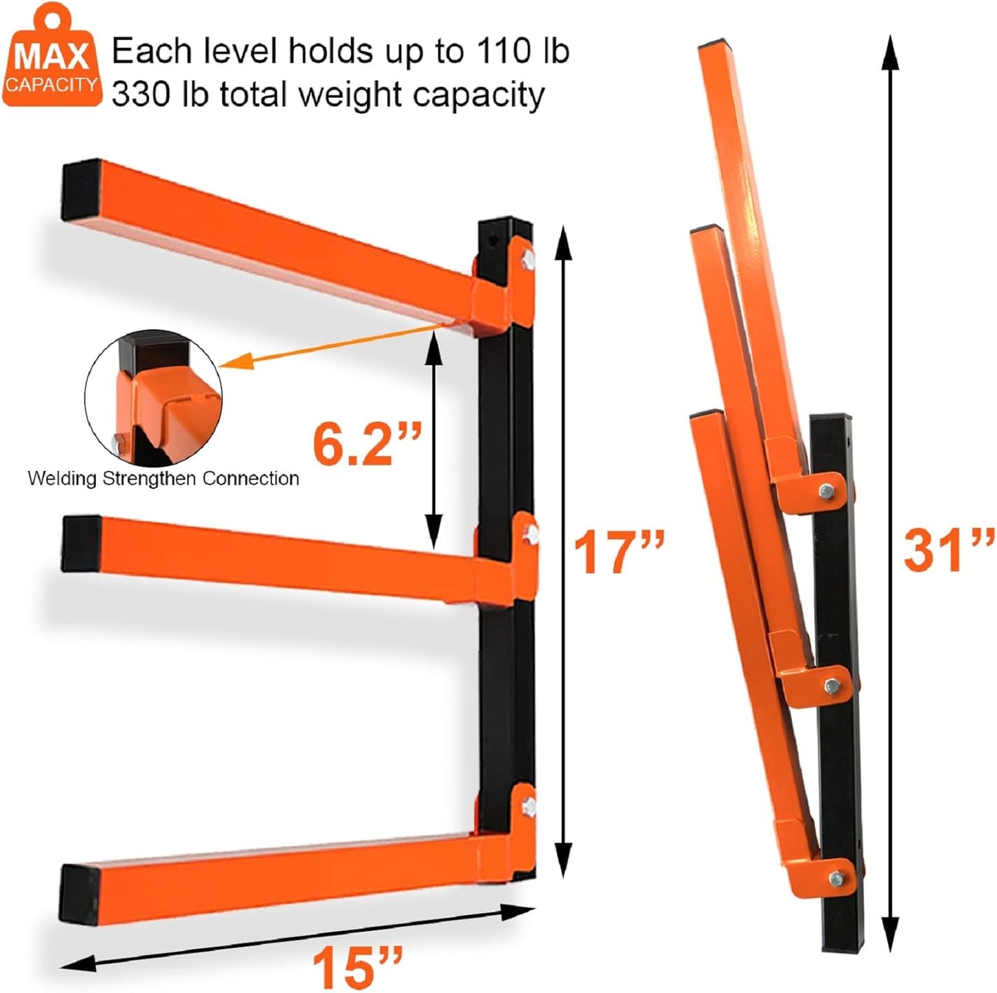 Thanaddo Heavy Duty Metal Wall Mount Lumber Storage Rack - 3-Level Organizer for Indoor & Outdoor Use (4 Pack)