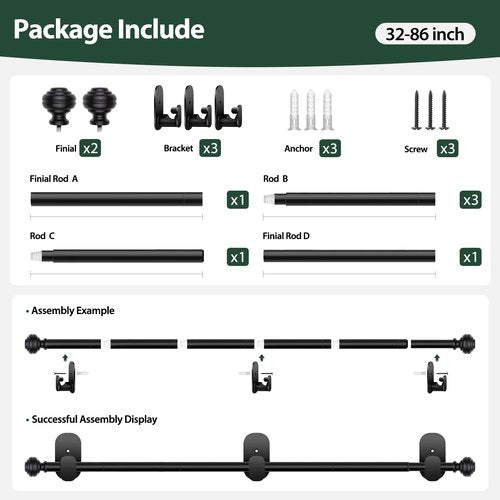 KAMANINA Curtain Rods No Drilling for Windows 32 to 86 Inches, 5/8 Inch Adjustable Renter Friendly Curain Rod with 3M Adhesive Brackets without Drilling, Black