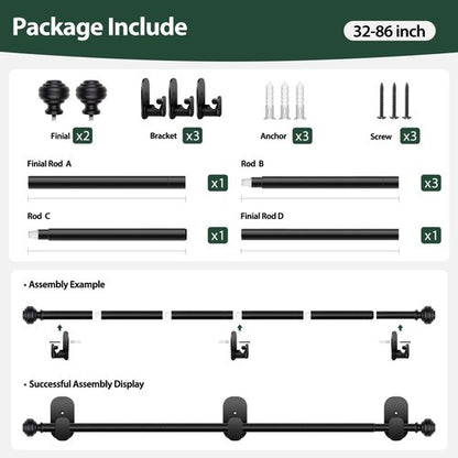 KAMANINA Curtain Rods No Drilling for Windows 32 to 86 Inches, 5/8 Inch Adjustable Renter Friendly Curain Rod with 3M Adhesive Brackets without Drilling, Black