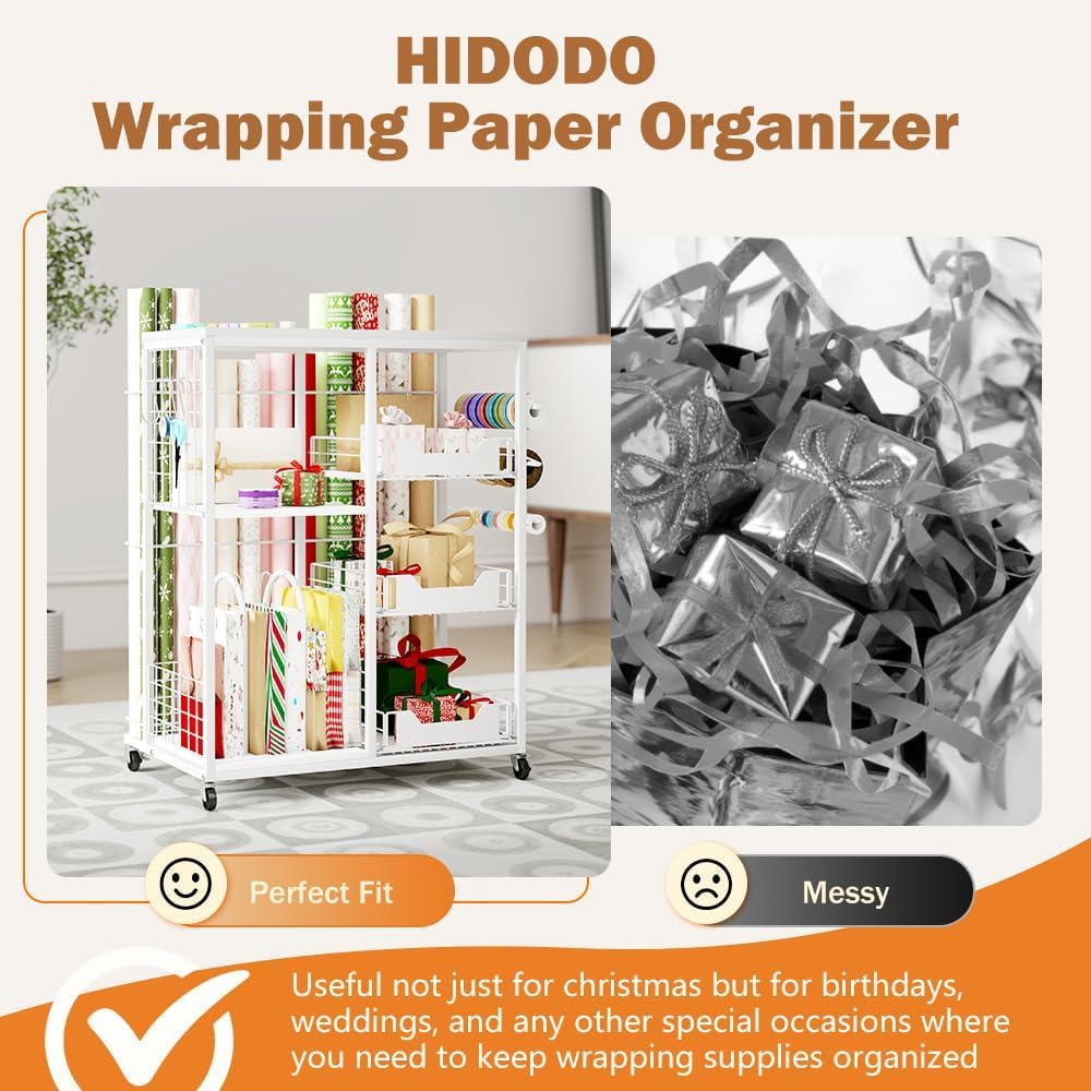 Skiennix Wrapping Paper Organizer - Rolling Gift Wrap Cart with 20 Roll Holders & 3 Drawers, White