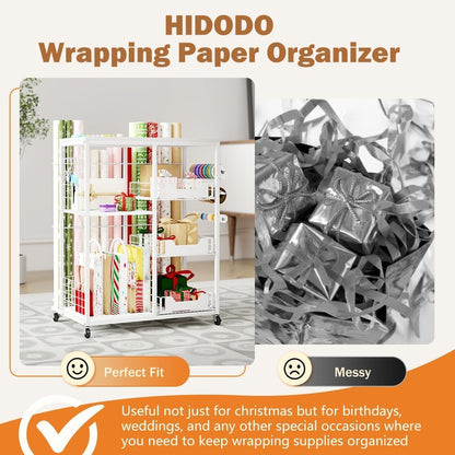 Skiennix Wrapping Paper Organizer - Rolling Gift Wrap Cart with 20 Roll Holders & 3 Drawers, White
