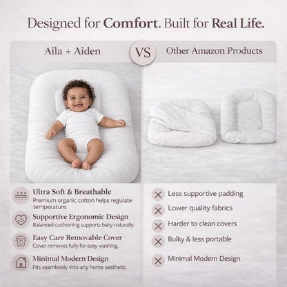 Aila + Aiden Baby Lounger - Organic Cotton Infant Lounger | Adjustable & Portable | Soft, Breathable Cover - Snuggle Collection (White)