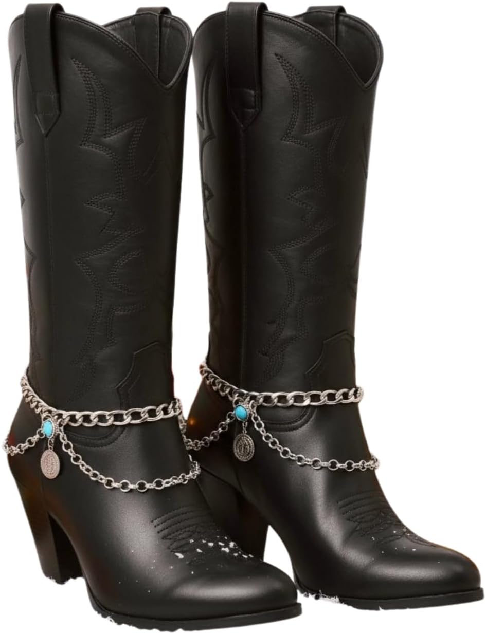 Skiennix Women's Silver Boot Chain Anklet Set - Ethnic Coin & Turquoise Beads, Adjustable 11-15 in