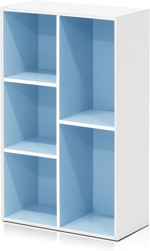 Furinno LUDER 5-Cube Bookshelf - Reversible Design | Easy Assembly for Living Room & Home Office - White/Light Blue