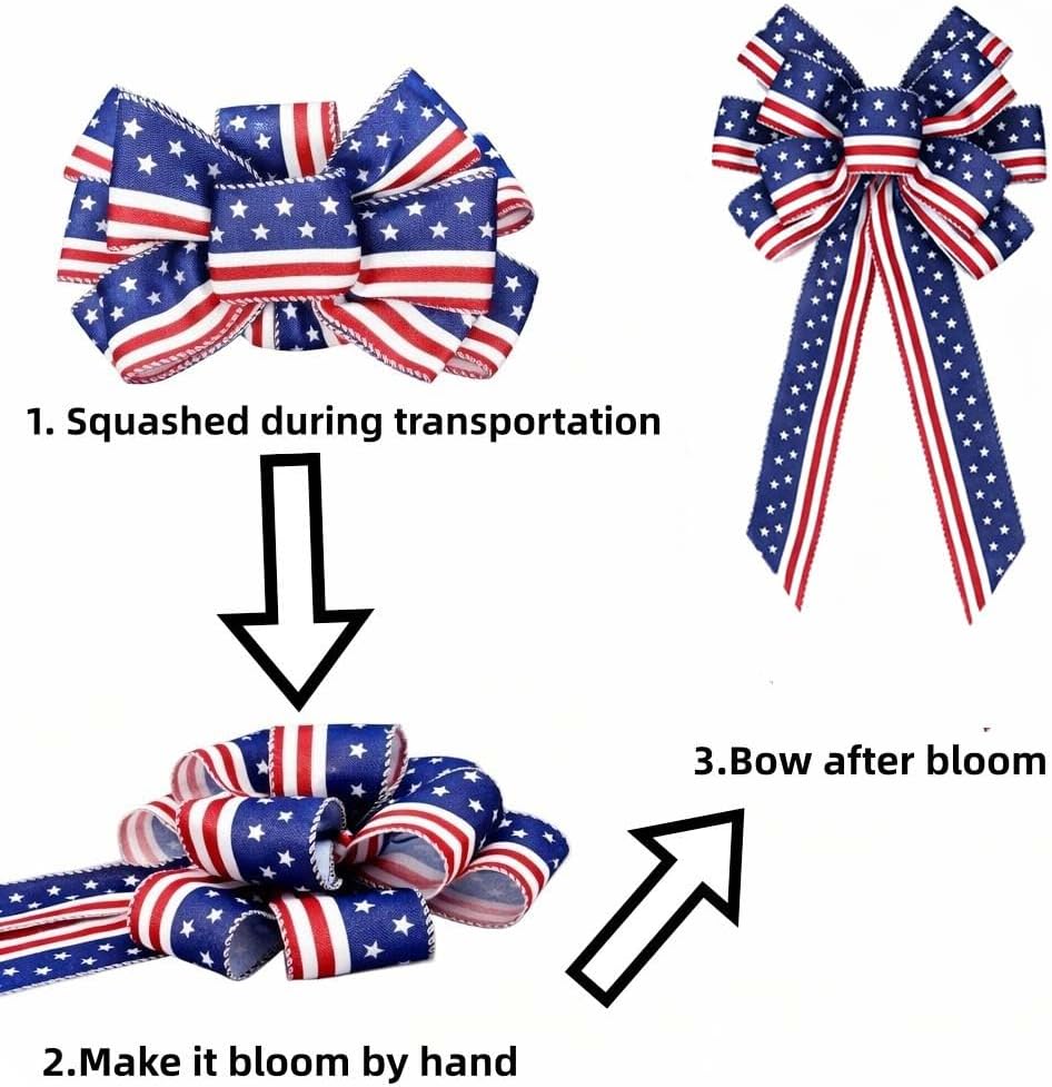 Skiennix Memorial Day Decorations - Patriotic Stripe Stars Wreath Bow for Front Door | Red, White & Blue Decor