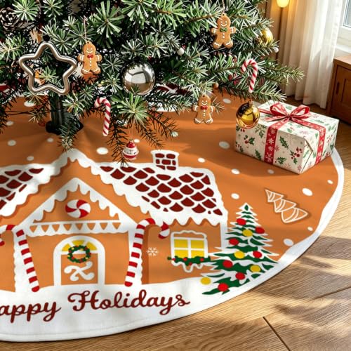 48 Inch Christmas Tree Skirt with Gingerbread House Design - Festive Holiday Decor